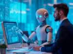 Homem e robô trabalhando juntos em um escritório de alta tecnologia